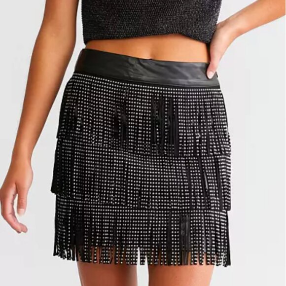 Black Studded Tassel Faux Leather Fringe Skirt M NWT - Picture 2 of 5